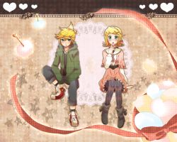 Rule 34 | 1boy, 1girl, blonde hair, blue eyes, blush, boots, bow, brother and sister, casual, dress, eating, hair bow, hair ornament, hairclip, heart, jacket, jewelry, kagamine len, kagamine rin, necklace, open mouth, ponytail, shoes, short hair, siblings, sitting, sneakers, twins, vocaloid