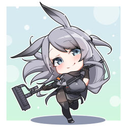 Rule 34 | 1girl, animal ears, arknights, belt, black belt, black gloves, breasts, chibi, closed mouth, commentary, dress, floating hair, gloves, grey dress, grey footwear, grey hair, highres, holding, holding weapon, large breasts, leaning forward, long hair, looking at viewer, no nose, pantyhose, savage (arknights), solo, standing, standing on one leg, warashi, weapon, white footwear
