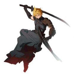Rule 34 | 1boy, arm up, armor, black footwear, black gloves, black hakama, blonde hair, blue eyes, chest strap, closed mouth, cloud strife, cloud strife (murasame), commentary, elbow gloves, final fantasy, final fantasy vii, final fantasy vii ever crisis, full body, gloves, hakama, hakama pants, highres, holding, holding sword, holding weapon, japanese clothes, katana, knees up, male focus, official alternate costume, pants, samurai, serious, sheath, sheathed, short hair, shoulder armor, solo, spiked hair, sword, weapon, white background, xiao dao (kojimarie)