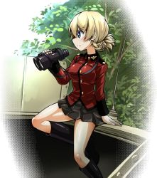 Rule 34 | 1girl, binoculars, black footwear, black skirt, blonde hair, blue eyes, boots, braid, closed mouth, commentary, darjeeling (girls und panzer), day, epaulettes, frown, girls und panzer, holding, holding binoculars, insignia, jacket, long sleeves, looking to the side, military, military uniform, miniskirt, outdoors, pleated skirt, r-ex, red jacket, short hair, sitting, skirt, solo, st. gloriana&#039;s military uniform, tree, twin braids, uniform