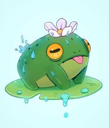 Rule 34 | animal, animal focus, dripping, flower, frog, highres, lily pad, lord griselda, no humans, original, simple background, splashing, tongue, tongue out, white background, white flower