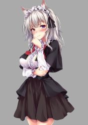 Rule 34 | animal ear fluff, animal ears, black skirt, blouse, blush, breasts, capelet, cat ears, character request, closed mouth, copyright request, cowboy shot, fang, fang out, frilled shirt, frilled sleeves, frills, grey background, hand on own elbow, hand up, headdress, high-waist skirt, highres, large breasts, long hair, marisasu (marisa0904), nail polish, purple eyes, purple nails, school uniform, shirt, sidelocks, silver hair, simple background, skirt, smile, solo, white shirt