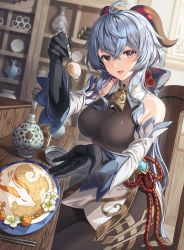 Rule 34 | 1girl, ahoge, bad id, bad twitter id, bare shoulders, bell, black gloves, blue hair, bodice, bodysuit, bow, bowl, breasts, brown bodysuit, brown legwear, brown leotard, chair, chinese knot, chopsticks, cowbell, detached sleeves, dutch angle, elbow gloves, flower, flower knot, food, fruit, ganyu (genshin impact), genshin impact, gloves, goat horns, gold trim, hair between eyes, hair bow, holding, holding spoon, horns, indoors, large breasts, leotard, leotard under clothes, long hair, long sleeves, looking at viewer, neck bell, on chair, open mouth, orange eyes, plate, porcelain, pov, rice, sidelocks, silence girl, sitting, smile, solo, spoon, table, unfinished, vision (genshin impact), white sleeves, wooden chair, wooden table