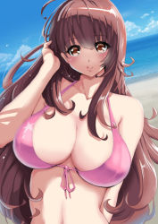 Rule 34 | 1girl, :q, ahoge, bad id, bad pixiv id, beach, bikini, blue sky, blush, breasts, brown eyes, brown hair, cleavage, closed mouth, cloud, collarbone, day, dutch angle, front-tie bikini top, front-tie top, hand in own hair, hand up, large breasts, long hair, looking at viewer, navel, ocean, original, outdoors, pink bikini, pink ribbon, piston ring, ribbon, sand, shore, sky, smile, solo, star (symbol), star print, swimsuit, tareme, tongue, tongue out, upper body, very long hair, water