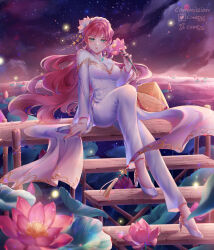 Rule 34 | bug, commission, comt216, firefly, flower, green eyes, hat, high heels, highres, holding, holding flower, insect, long hair, lotus, lotus leaf, night, night sky, original, pants, pink hair, rice hat, sitting, sky, star (sky), vietnamese clothes, vietnamese dress, vietnamese text, white pants