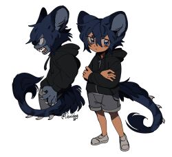 Rule 34 | 1boy, animal ears, artist name, black jacket, blue eyes, blue fur, blue hair, body fur, child, claws, closed mouth, commentary, crossed arms, deviidog0, english commentary, full body, fur-tipped tail, furrification, furry, furry male, grey shorts, hair between eyes, highres, hood, hood down, jacket, looking at viewer, looking to the side, male focus, multiple views, original, shoes, short eyebrows, short hair, shorts, simple background, spiked tail, standing, tail, twitter username, white background