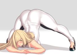Rule 34 | 1girl, alternate breast size, arm rest, ass, aster crowley, black footwear, blonde hair, blush, bodysuit, breasts, creatures (company), flexible, game freak, green eyes, guilty gear, guilty gear xrd, hair over one eye, hands on ground, highres, jack-o&#039; challenge, large breasts, long hair, looking at viewer, lusamine (pokemon), mature female, meme, nintendo, pokemon, pokemon sm, sleeveless, smile, solo, spread legs, stretching, top-down bottom-up, very long hair, white bodysuit, wide spread legs