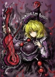 Rule 34 | 1girl, 2b-ge, black dress, blonde hair, breasts, dress, ghost, ghost girl, hat, highres, instrument, large breasts, lunasa prismriver, musical note, one-hour drawing challenge, solo, tagme, touhou, violin, yellow eyes