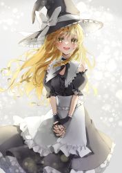 Rule 34 | 1girl, adapted costume, apron, black dress, black gloves, black hat, blonde hair, blush, bow, commission, dress, fingerless gloves, floating hair, frilled dress, frills, gloves, hat, hat bow, highres, kirisame marisa, long hair, looking at viewer, open mouth, puffy short sleeves, puffy sleeves, shironeko yuuki, short sleeves, skeb commission, smile, solo, teeth, touhou, upper teeth only, waist apron, white apron, white bow, yellow eyes