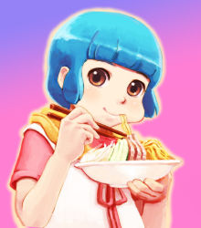 Rule 34 | 1girl, bad id, bad pixiv id, blue hair, brown eyes, casual, closed mouth, commentary request, eating, lafolie, looking at viewer, mahou no tenshi creamy mami, morisawa yuu, short hair, simple background, smile, solo