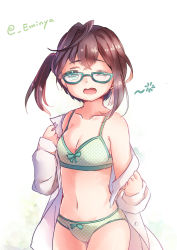 Rule 34 | 10s, 1girl, bare shoulders, blue-framed eyewear, bow, bow bra, bow panties, bra, breasts, brown hair, buttons, collarbone, emia wang, glasses, green bra, green eyes, green panties, kantai collection, long sleeves, looking at viewer, multicolored hair, navel, okinami (kancolle), one eye closed, open mouth, panties, pink hair, polka dot, polka dot bra, polka dot panties, shirt, short hair, small breasts, solo, twitter username, underwear, white shirt
