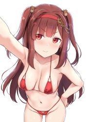 Rule 34 | 1girl, arm up, armpits, bikini, breasts, brown hair, cai geng, cleft of venus, closed mouth, cowboy shot, hair ornament, hairband, hand on own hip, highres, long hair, looking at viewer, medium breasts, navel, red bikini, red eyes, shiny skin, sidelocks, simple background, smile, solo, string bikini, swimsuit, two side up, v-shaped eyebrows, white background, you can eat the girl