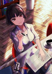 Rule 34 | 1girl, absurdres, bookshelf, breasts, brown hair, cup, denim, highres, holding, holding pencil, jeans, looking at viewer, mechanical pencil, medium breasts, niijima makoto, pants, pencil, pencil case, persona, persona 5, red eyes, saucer, short hair, sitting, smile, solo, yuu (primenumber7)
