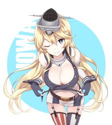 Rule 34 | 00047, 10s, 1girl, asymmetrical legwear, bare shoulders, belt, belt buckle, blonde hair, blue eyes, breasts, buckle, character name, cleavage, elbow gloves, fingerless gloves, garter straps, gloves, headgear, highres, iowa (kancolle), kantai collection, large breasts, long hair, looking at viewer, midriff, mismatched legwear, navel, one eye closed, skirt, smile, solo, star-shaped pupils, star (symbol), striped clothes, striped skirt, striped thighhighs, symbol-shaped pupils, thighhighs, vertical-striped clothes, vertical-striped skirt, vertical-striped thighhighs
