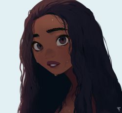 Rule 34 | 1girl, brown eyes, brown hair, close-up, curly hair, dark-skinned female, dark skin, expressionless, eyelashes, face, grey background, hair strand, long hair, looking at viewer, messy hair, moana (movie), moana waialiki, pano (mohayayamai), parted lips, signature, simple background, solo, teeth, thick eyebrows, thick lips, upper body, water drop, wet, wet face, wet hair, wide-eyed