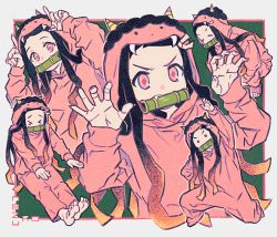 Rule 34 | 1girl, alternate costume, bamboo, hands up, kamado nezuko, kimetsu no yaiba, long hair, long sleeves, multicolored hair, multiple views, oogugon, pajamas, pink eyes, stretching