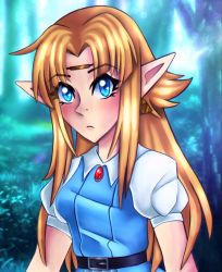 Rule 34 | 1girl, blonde hair, blue dress, blue eyes, dress, earrings, elf, forest, gem, highres, jewelry, long hair, looking at viewer, nature, nintendo, pointy ears, princess zelda, serious, solo, standing, the legend of zelda, the legend of zelda: a link to the past, tiara, triforce, upper body
