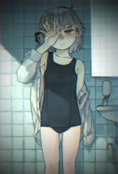 Rule 34 | 1girl, bathroom, blurry, child, chromatic aberration, closed mouth, collarbone, collared shirt, covering one eye, dress shirt, faucet, gluteal fold, grey eyes, grey hair, hair ribbon, hatoba tsugu, hatoba tsugu, highres, kuro4221, long sleeves, looking at viewer, mirror, mole, mole under eye, old school swimsuit, one-piece swimsuit, open clothes, restroom, ribbon, school swimsuit, shirt, short hair, sink, solo, swimsuit, thighs, tile wall, tiles, toilet, vignetting, virtual youtuber, white shirt