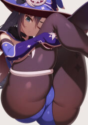 Rule 34 | 1girl, ass, black hair, blue cape, blue hat, blue leotard, bodystocking, brown pantyhose, cape, choker, detached sleeves, fur collar, genshin impact, gold trim, green eyes, hat, hat ornament, highleg, highleg leotard, highres, leotard, long hair, looking at viewer, mona (genshin impact), one eye closed, pantyhose, samegami, solo, thick thighs, thighlet, thighs, twintails, witch hat