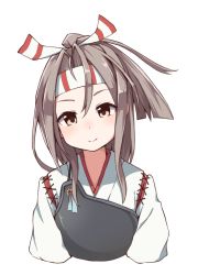 Rule 34 | 1girl, aki inu, brown eyes, grey hair, hachimaki, head tilt, headband, high ponytail, kantai collection, long hair, looking at viewer, muneate, ponytail, simple background, smile, solo, white background, zuihou (kancolle)
