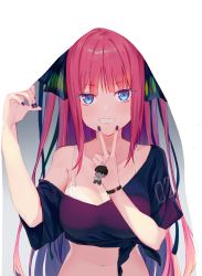 Rule 34 | 1girl, black shirt, blue eyes, blunt bangs, bra, bra strap, bracelet, breasts, cleavage, commentary request, crop top, go-toubun no hanayome, grin, hair ornament, hair ribbon, highres, jewelry, lace, lace bra, large breasts, long hair, looking at viewer, nail polish, nakano nino, navel, off shoulder, pink hair, ribbon, shirt, smile, solo, soya (torga), stomach, t-shirt, two side up, underwear, v, white background, white bra