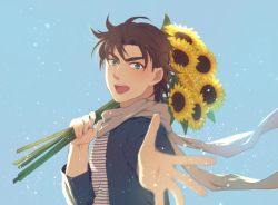 Rule 34 | 1boy, bad id, bad pixiv id, blue eyes, blurry, bouquet, brown hair, depth of field, flower, jojo no kimyou na bouken, joseph joestar, joseph joestar (young), k (obm0607), looking at viewer, male focus, outstretched hand, scarf, simple background, solo, sunflower