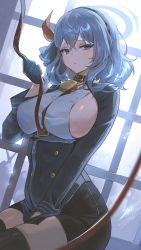 Rule 34 | 1girl, absurdres, ako (blue archive), between legs, black gloves, black thighhighs, blue archive, blue eyes, blue hair, blush, breasts, closed mouth, collar, gloves, hair between eyes, hair ornament, highres, holding, indoors, jacket, large breasts, leash, long sleeves, looking at viewer, medium hair, sidelocks, sitting, solo, thighhighs, thighs, zutsuyaku