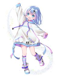 Rule 34 | 1girl, :d, ankle socks, blue eyes, blue hair, cat hair ornament, cat ornament, chain paradox, full body, hair ornament, highres, hood, hood down, hoodie, kyuubi mika, long sleeves, musical note, no pants, official art, open mouth, oversized clothes, shoes, short hair, sleeves past wrists, smile, socks, solo, striped clothes, striped socks, transparent background
