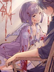 Rule 34 | 1boy, 1girl, blood, blood on clothes, blood on face, bob cut, brother and sister, chair, commentary request, crying, elysion, frater, kuusou ryodan, purple eyes, purple hair, purple thighhighs, short hair, siblings, sitting, smile, soror, sound horizon, thighhighs, yandere, zettai ryouiki, zipper, zipper pull tab