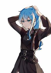Rule 34 | 1girl, arms up, belt, black dress, blue eyes, blue hair, dress, ear ornament, earrings, hair between eyes, hand up, hands on own head, high ponytail, highres, hololive, hoshimachi suisei, hoshimachi suisei (shout in crisis), jewelry, kiel adair, long hair, long sleeves, ponytail, sidelocks, solo, strap, virtual youtuber