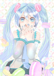 Rule 34 | 1girl, absurdres, bad id, bad pixiv id, blue eyes, blue hair, blue nails, covering own mouth, detached sleeves, food, hatsune miku, highres, macaron, matching hair/eyes, miniskirt, miturousoku, nail polish, necktie, open mouth, patterned background, shirt, skirt, sleeveless, sleeveless shirt, solo, twintails, upper body, vocaloid
