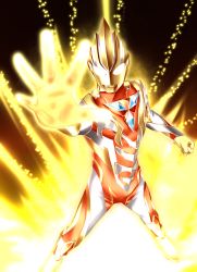 Rule 34 | 1boy, absurdres, alien, aura, color timer, commentary, english commentary, glitter trigger eternity, glowing, glowing eyes, highres, light particles, looking at viewer, no humans, reiei 8, solo, standing, tokusatsu, ultra series, ultraman trigger, ultraman trigger (series), yellow eyes