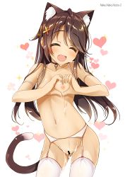 Rule 34 | 1girl, :d, animal ears, bar censor, breasts, brown hair, cat ears, cat tail, censored, choker, cum, cum on body, cum on lower body, closed eyes, facing viewer, fang, garter belt, hair ornament, heart, heart-shaped boob challenge, heart hands, long hair, nipples, nude, open mouth, original, simple background, small breasts, smile, solo, tail, thighhighs, white background, white thighhighs, yanagi yuu