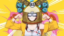 Rule 34 | 1girl, braid, breasts, brown hair, cleavage, clenched hands, commentary, flexing, hair tie, helmet, highres, hololive, inugami korone, inugami korone (1st costume), jacket, jaheterbang, large breasts, long hair, looking at viewer, low twin braids, mask, off shoulder, signature, smile, solo, twin braids, upper body, virtual youtuber, wristband, yellow jacket