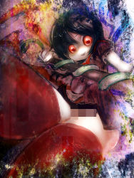 Rule 34 | 1girl, abstract background, asymmetrical wings, bad id, bad pixiv id, black hair, bow, bowtie, breasts, censored, cong1991, creepy, dress, fingernails, from below, highres, horror (theme), houjuu nue, lace, lace-trimmed legwear, lace trim, looking at viewer, microdress, mosaic censoring, open mouth, pole, red eyes, red thighhighs, short hair, short sleeves, snake, solo, texture, thick thighs, thighhighs, thighs, touhou, wings, zettai ryouiki