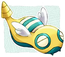 Rule 34 | closed eyes, colored skin, creatures (company), dunsparce, game freak, gen 2 pokemon, green background, nark, nintendo, no humans, outline, pokemon, pokemon (creature), solid circle eyes, solo, tail, white outline, wings, yellow skin