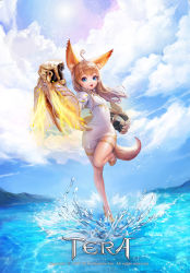 Rule 34 | 1girl, absurdres, ahoge, animal ears, arm up, blue eyes, brawler (tera online), brown hair, clenched hands, cloud, copyright name, day, dog ears, dog tail, dress, elin, full body, gauntlets, highres, leg up, long hair, official art, open mouth, sehee, shoes, short dress, sky, solo, splashing, standing, standing on liquid, standing on one leg, tail, tera online, thigh strap, water