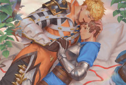 Rule 34 | 2boys, armor, bed, blonde hair, blue eyes, blush, brown eyes, brown hair, couple, gauntlets, gloves, gran (granblue fantasy), granblue fantasy, hand grab, holding hands, hand on another&#039;s head, headpat, looking at another, lying, male focus, multiple boys, on bed, open mouth, penguin frontier, pillow, short hair, shy, smile, vane (granblue fantasy), yaoi