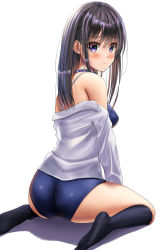 Rule 34 | 1girl, ass, back, black hair, blue one-piece swimsuit, blush, breasts, closed mouth, commentary request, competition school swimsuit, from behind, highres, kneehighs, long hair, long sleeves, looking at viewer, medium breasts, one-piece swimsuit, original, purple eyes, school swimsuit, school uniform, shirt, sidelocks, simple background, sitting, socks, swimsuit, swimsuit under clothes, wariza, white background, white shirt, yukemuriganmo