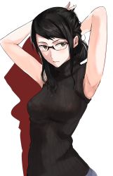 Rule 34 | 1girl, armpits, arms behind head, arms up, black hair, glasses, ogros, orange eyes, original, simple background, sleeveless, solo, sweater, turtleneck, turtleneck sweater, upper body