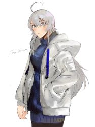 Rule 34 | 1girl, ahoge, alternate costume, black pantyhose, blue dress, blue sweater, commentary request, drawstring, dress, grey eyes, grey hair, hand in pocket, highres, hood, hooded jacket, hoodie, jacket, kantai collection, long hair, nidou, one-hour drawing challenge, pantyhose, ribbed dress, ribbed sweater, simple background, solo, sweater, washington (kancolle), white background, white jacket