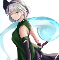 Rule 34 | asymmetrical gloves, bare shoulders, black hairband, blue eyes, closed mouth, ear piercing, fingerless gloves, from side, gloves, green vest, hairband, highres, hitodama, holding, holding sword, holding weapon, katana, konpaku youmu, looking to the side, piercing, shiranui (wasuresateraito), short hair, silver hair, simple background, sleeveless, sword, touhou, vest, weapon, white background