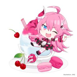 Rule 34 | 1girl, :d, blue eyes, cherry, chibi, fang, food, fruit, full body, gloves, hair between eyes, honkai (series), honkai impact 3rd, horns, ice cream, index finger raised, jin2, long hair, looking at viewer, looking back, macaron, one eye closed, open mouth, pink hair, plate, rozaliya olenyeva, simple background, single horn, smile, solo, tail, thick eyebrows, thighhighs, white background, white gloves, white thighhighs