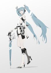 Rule 34 | 1girl, arm at side, armlet, black socks, blue eyes, blue hair, blue theme, blue umbrella, boots, catlesstail, flat color, from side, full body, gloves, goodsmile racing, grey background, grin, hair between eyes, hatsune miku, high heel boots, high heels, holding, holding umbrella, kneehighs, leotard, long hair, looking to the side, pale skin, race queen, racing miku, shadow, simple background, smile, socks, solo, standing, standing on one leg, twintails, umbrella, very long hair, vocaloid, white footwear, white leotard