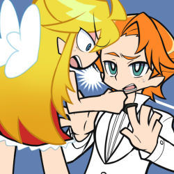 Rule 34 | 10s, 1boy, 1girl, angry, brief (psg), eye contact, formal, freckles, fukumitsu (kirarirorustar), lightning glare, looking at another, open mouth, orange hair, panty &amp; stocking with garterbelt, panty (psg), suit, wings