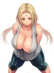 Rule 34 | 1girl, bare shoulders, blonde hair, breasts, brown eyes, cleavage, closed mouth, collarbone, commentary, covered erect nipples, facial mark, forehead mark, from above, green pants, large breasts, leaning forward, legs apart, long hair, looking at viewer, low twintails, mature female, naruto, naruto (series), pants, shiny skin, shu-mai, sidelocks, simple background, sleeveless, smile, solo, standing, tsunade (naruto), twintails, white background