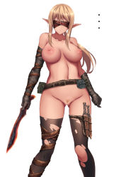 Rule 34 | 1girl, absurdres, akina t, asymmetrical gloves, bar censor, belt, black thighhighs, blindfold, blonde hair, breasts, brown belt, censored, covered eyes, elbow gloves, elf, female pubic hair, gloves, highres, holding, holding knife, knife, kukri, large breasts, long hair, navel, nipples, nude, original, pointy ears, ponytail, pubic hair, pussy, sheath, sheathed, simple background, solo, standing, thigh strap, thighhighs, torn clothes, torn thighhighs, uneven gloves, white background