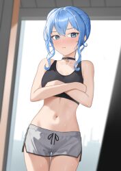 Rule 34 | 1girl, absurdres, bare shoulders, black choker, black tank top, blue eyes, blue hair, blush, breasts, choker, closed mouth, covered navel, crossed arms, diptip, grey shorts, hair between eyes, highres, hololive, hoshimachi suisei, looking at viewer, medium breasts, medium hair, midriff, pout, shorts, side ponytail, solo, star (symbol), star in eye, sweat, symbol in eye, tank top, virtual youtuber