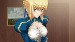 Rule 34 | 1girl, artoria pendragon (all), artoria pendragon (fate), blonde hair, breasts, cleavage, cleavage cutout, clothing cutout, drawing (object), dress, face, fate/stay night, fate (series), green eyes, hair bun, hair ribbon, hiero, highres, juliet sleeves, large breasts, long sleeves, looking at viewer, nose, puffy sleeves, ribbon, saber (fate), serious, single hair bun, solo, standing, wall