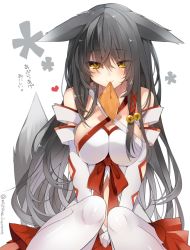 Rule 34 | 1girl, aburaage, animal ears, bell, black hair, breasts, cleavage, elbow gloves, female focus, food, fox ears, fox tail, gloves, hair bell, hair ornament, hair ribbon, large breasts, long hair, mishima kurone, mouth hold, original, pantyhose, ribbon, simple background, sitting, skirt, smile, solo, tail, tress ribbon, twitter username, white background, white gloves, white pantyhose, yellow eyes